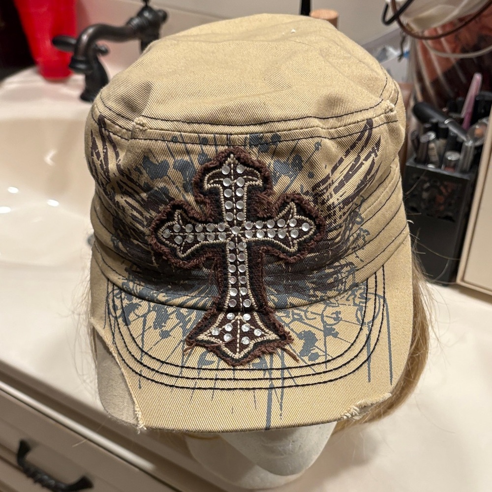 Rhinestone Cross Embellished Tan Cap